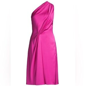 AIDAN MATTOX Pleated Pink One Shoulder Satin Dress